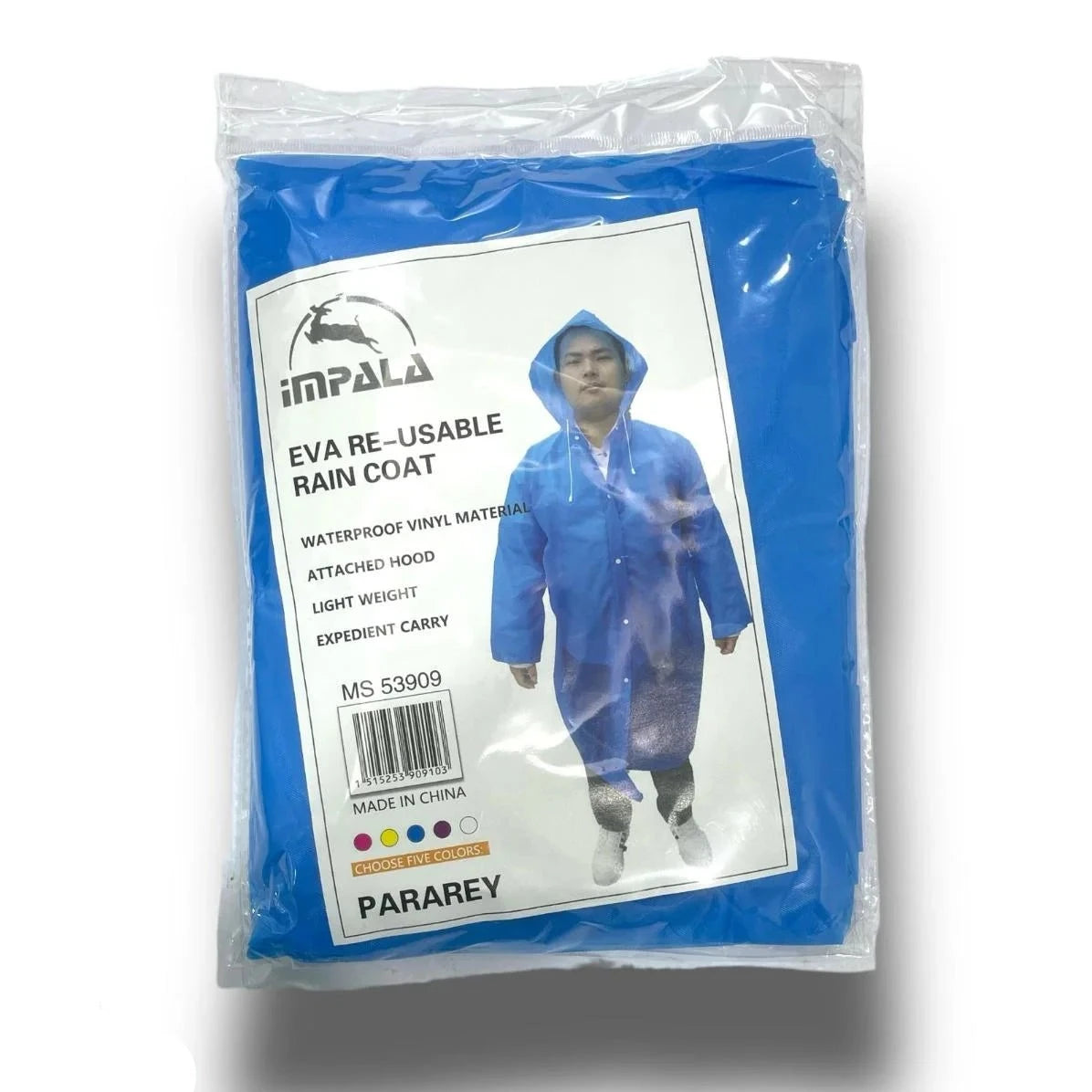 Rain Coat Re-usable Impala MS53909 packaged in plastic, showcasing its waterproof vinyl material, attached hood, and lightweight design for outdoor use.