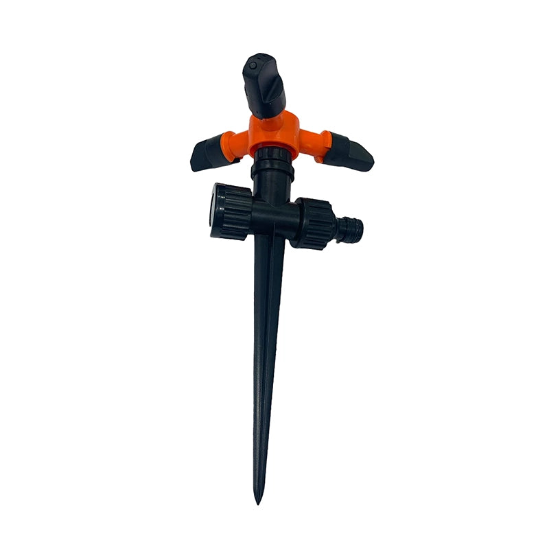Garden Sprinkler 3 Way Orange/Black MS53825 Cymate with adjustable angles for efficient watering, showcasing its stylish design with a black stake and vibrant orange accents.