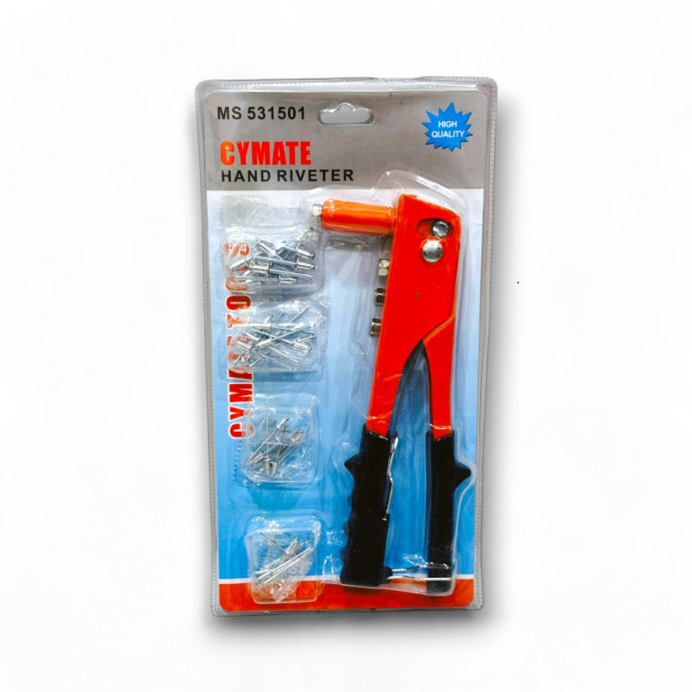 Hand Riveter with Rivets Ms531501 Cymate in packaging, featuring ergonomic handle and included rivets for efficient riveting.