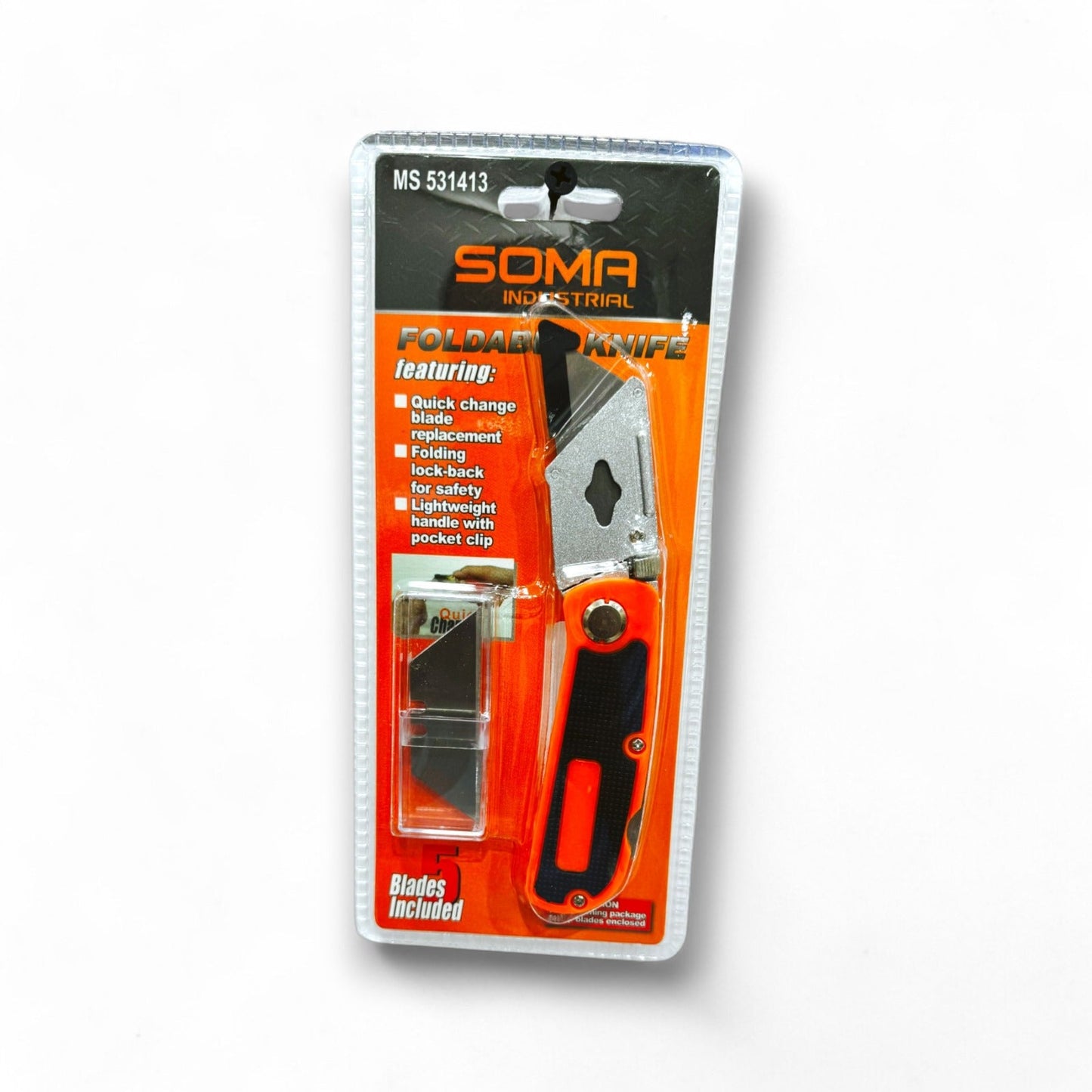 Knife Foldable Soma MS 531413 displayed in packaging, featuring a quick change blade replacement and a folding locking mechanism for safety, ideal for outdoor and everyday use.