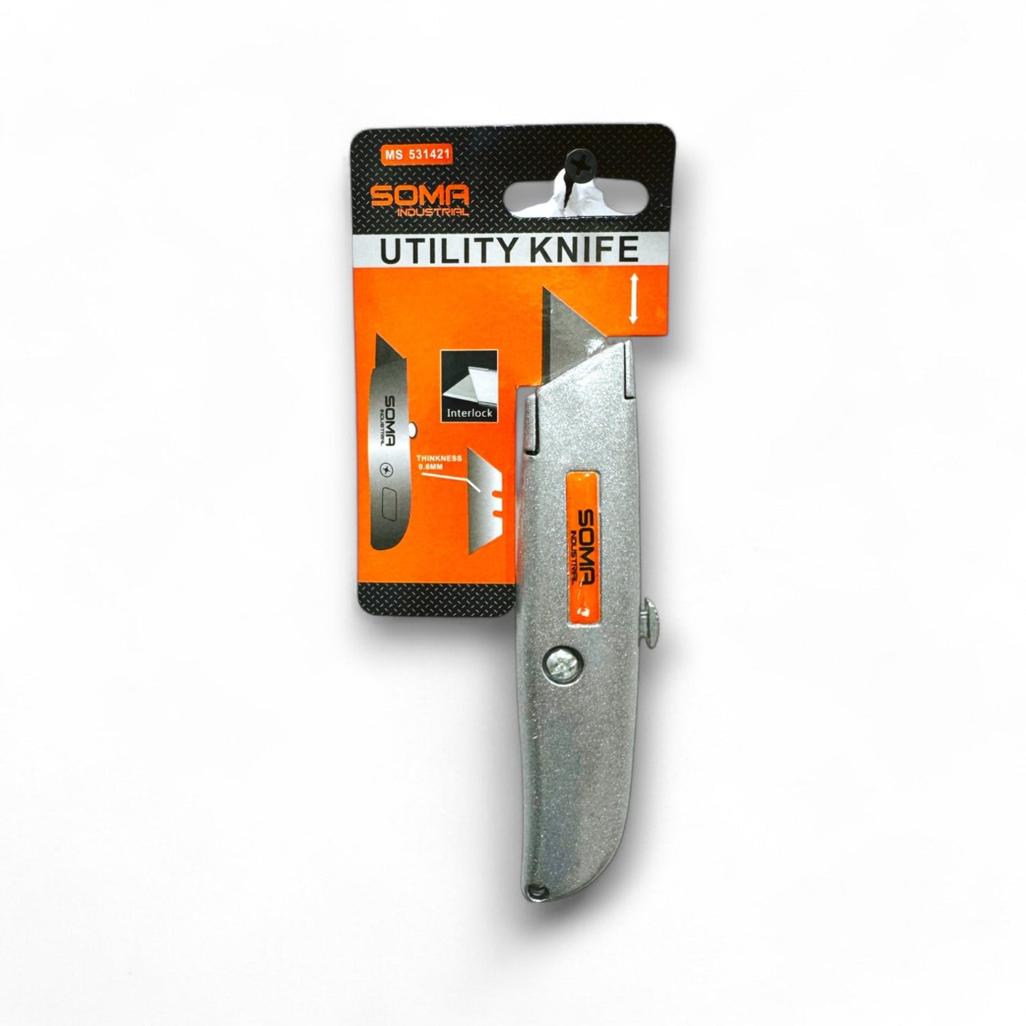 Knife Chrome Soma MS 531421 utility knife displayed in packaging, showcasing its sleek chrome finish and ergonomic design for precision cutting.