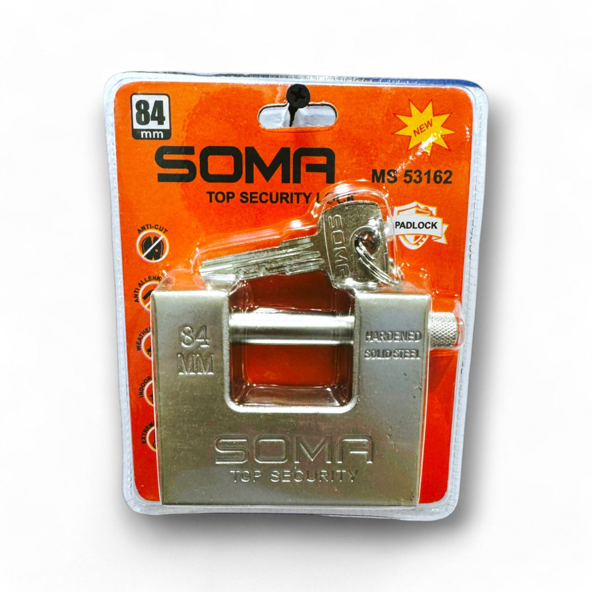 Pad Lock Armour Soma, 84mm security padlock constructed from hardened solid steel, includes a key, showcased in vibrant orange packaging.