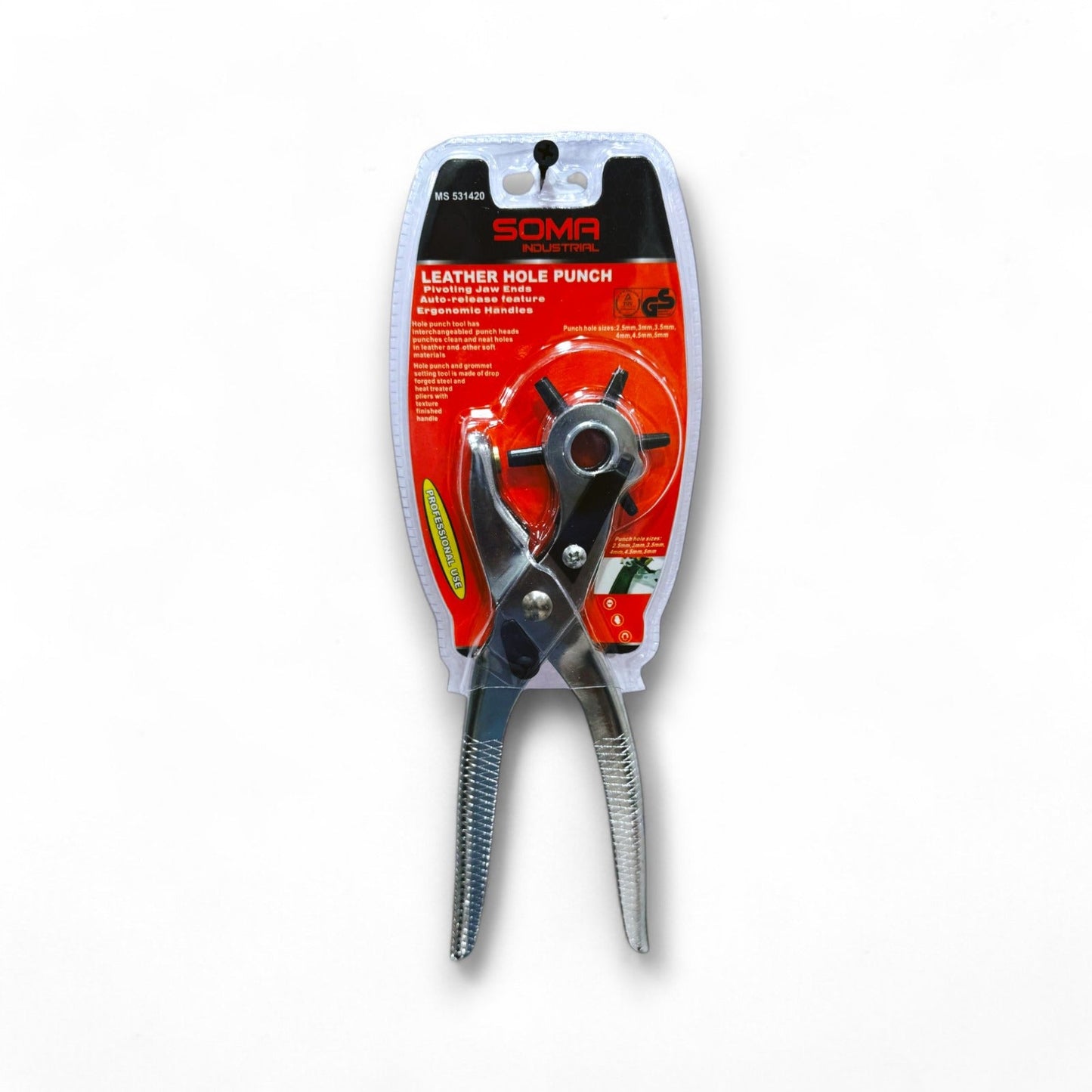Leather Hole Punch Soma MS 531420, a high-quality tool for creating precise holes in leather, shown in its packaging. Ideal for professional leatherwork.