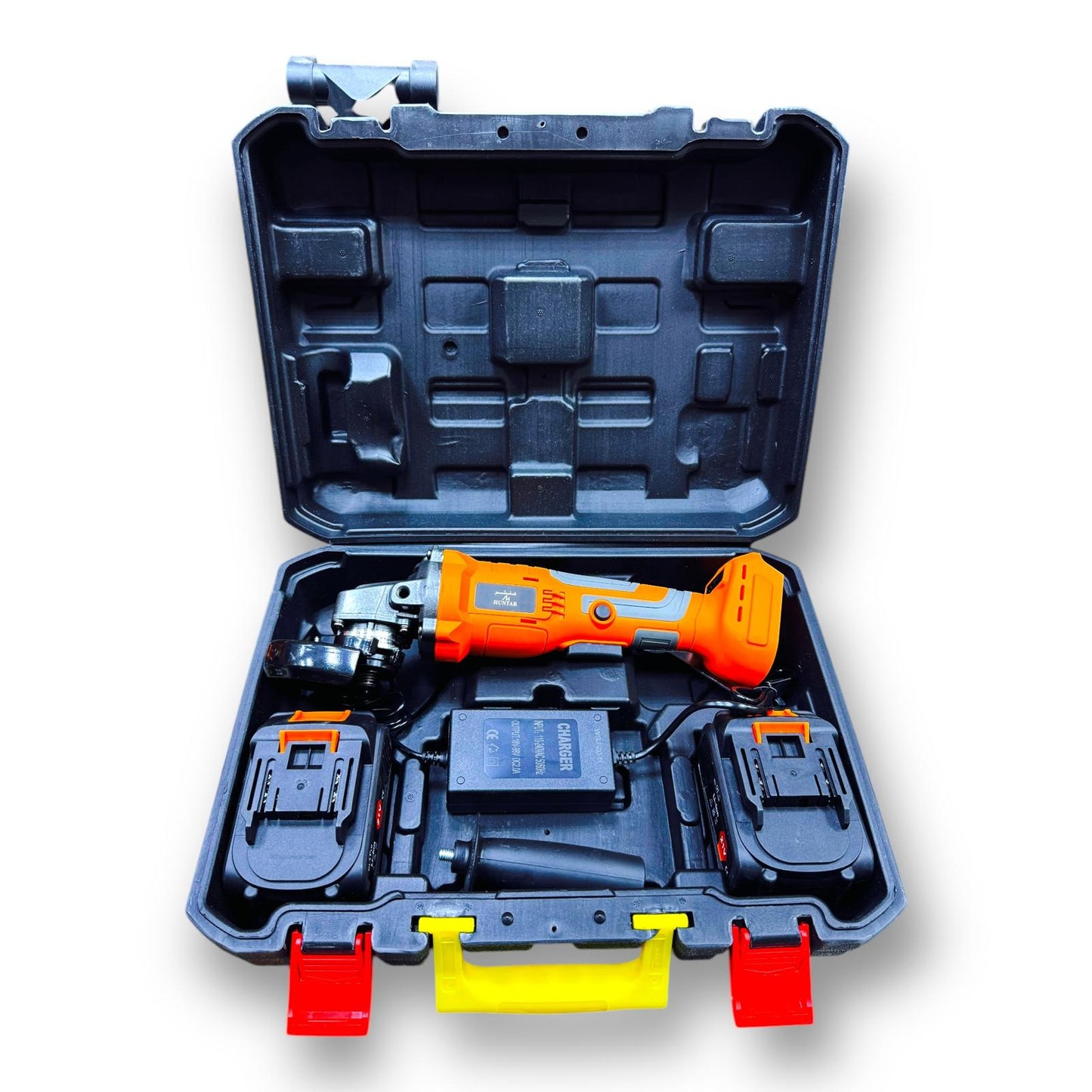 Cordless Grinder 4.5" MS53988 in a storage case with two batteries, showcasing the versatile 21v power of Huntar tools for efficient grinding and cutting.