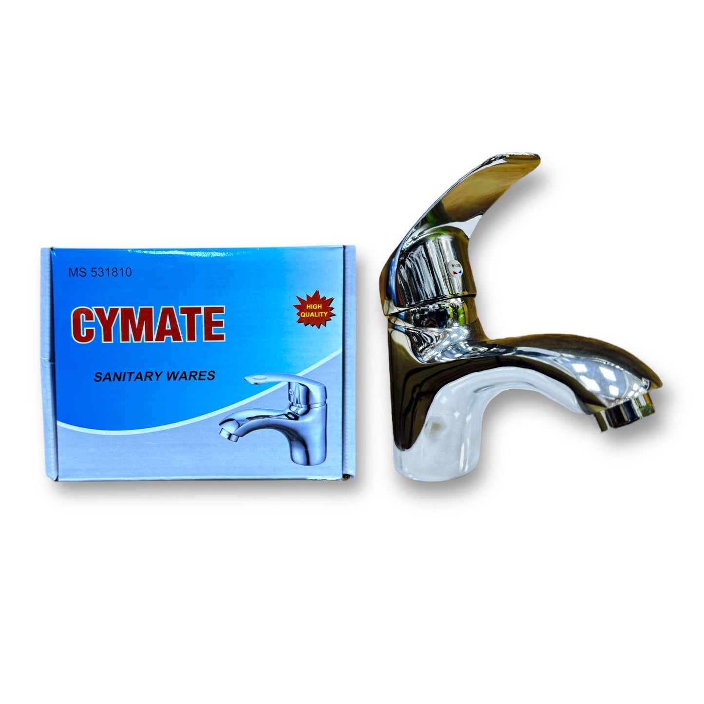Cymate Wash Basin Mixer Model MS 531810 displayed alongside its packaging, showcasing a high-quality chrome finish and modern design, ideal for upgrading home sanitary needs.