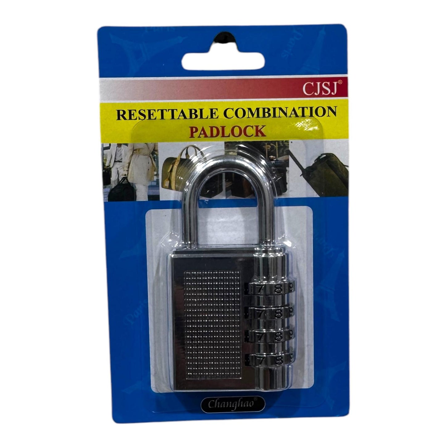 Pad Lock Number Chrome 17b displayed in packaging, showcasing its resettable combination feature, perfect for securing lockers and storage.