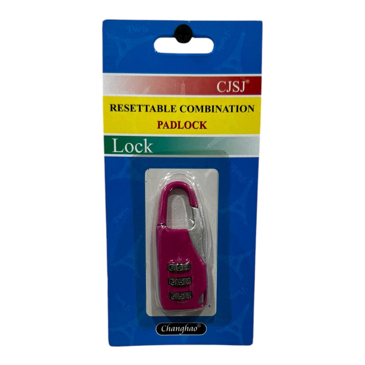 Pad Lock Number 07a displayed in clear packaging, showcasing its resettable combination feature and vibrant pink color, ideal for enhanced security.