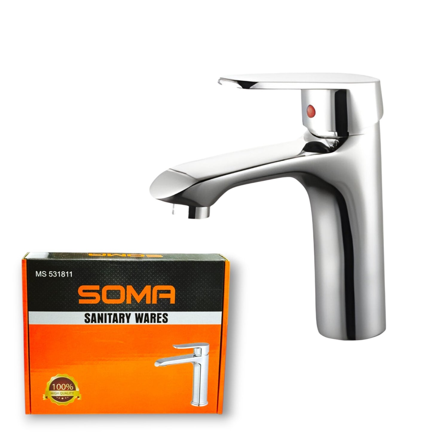Wash Basin Mixer MS 531811 SOMA displayed alongside packaging, showcasing its sleek modern design and high-quality chrome finish, ideal for contemporary bathroom upgrades.