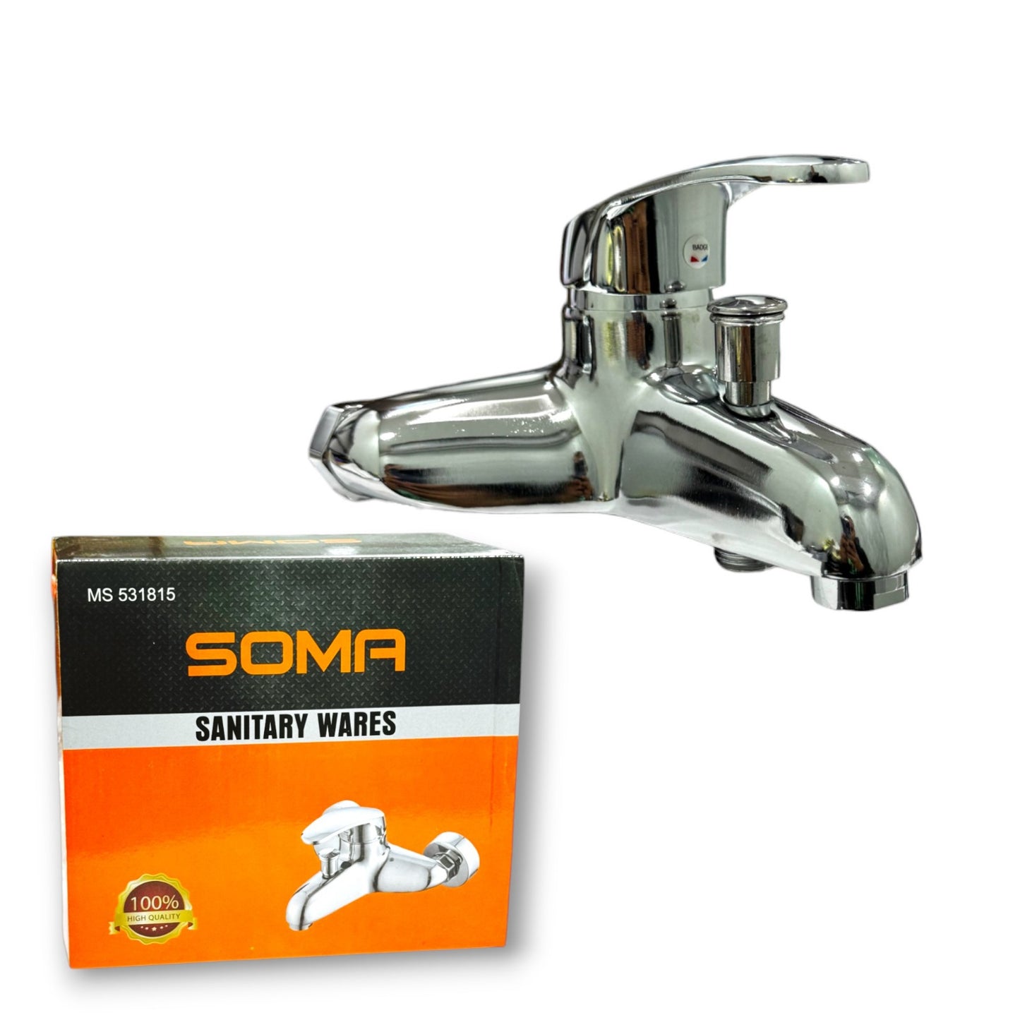 SOMA Shower Mixed 531815 Soma faucet with a premium chrome finish, showcasing high-quality design and easy installation alongside the product packaging.