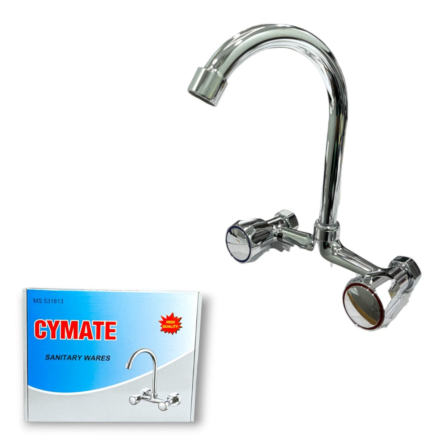 WALL SINK MIXER MS 531813 CYMATE displayed with packaging, showcasing its contemporary design and chrome finish, ideal for modern bathrooms.
