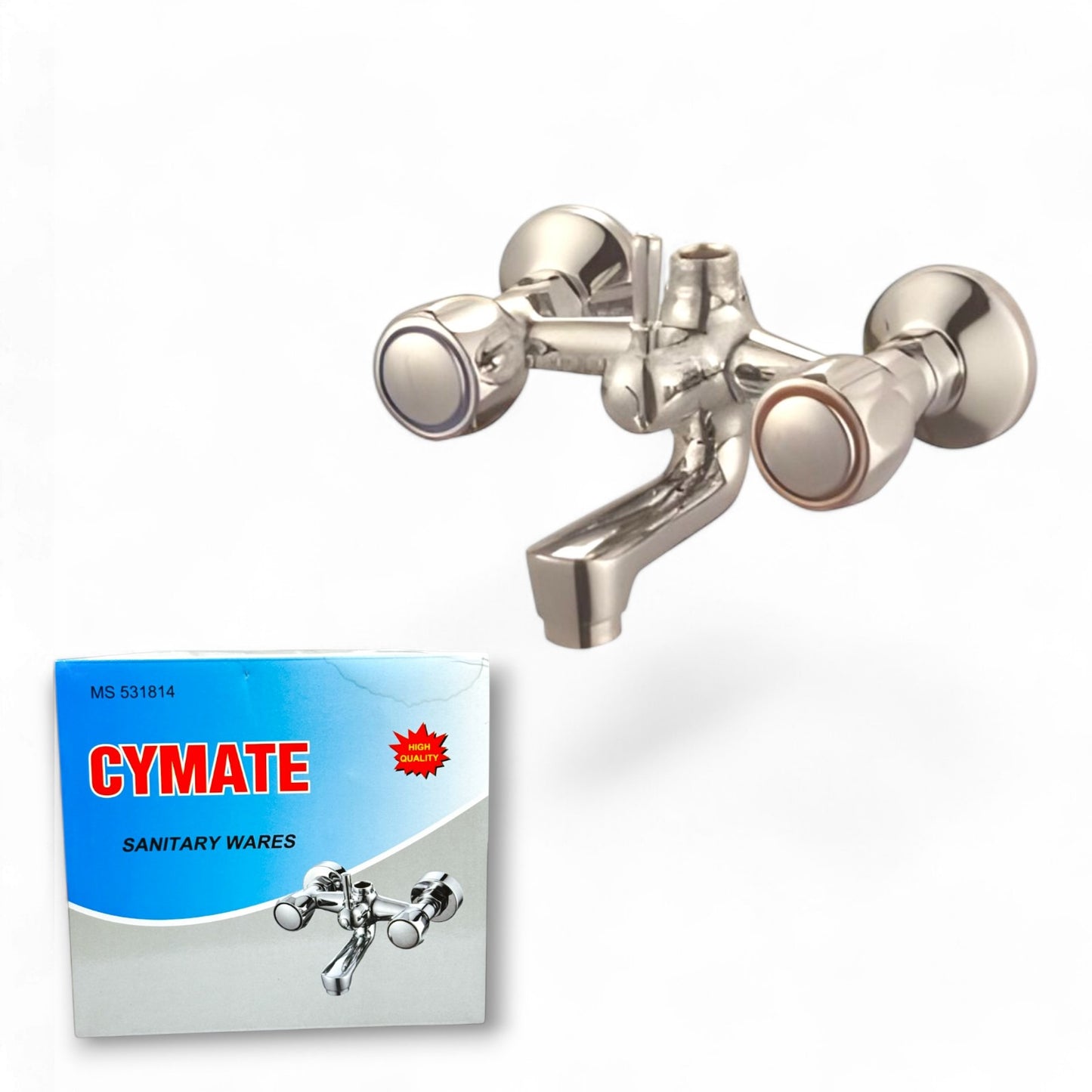 Shower mixer MS 531814 Cymate featuring a modern design, with adjustable temperature knobs, displayed alongside its packaging in a professional setting.