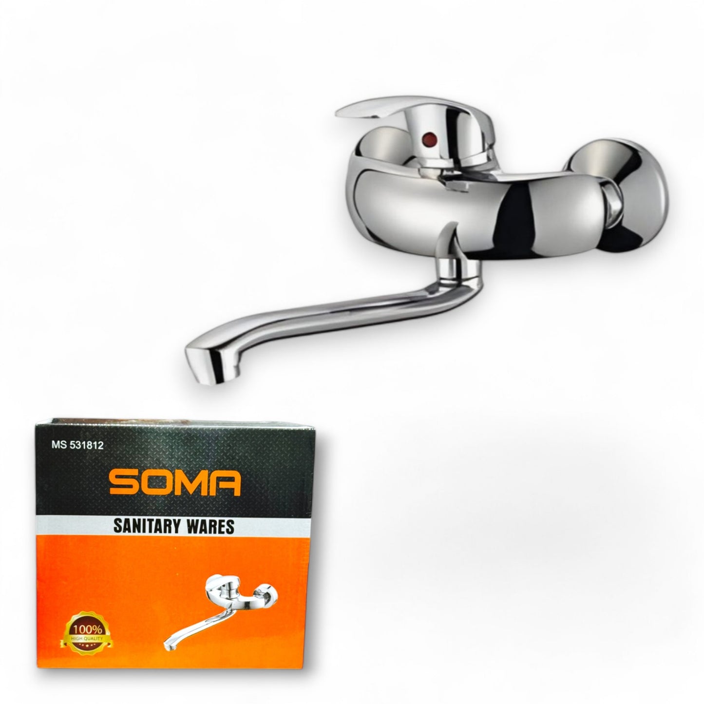 WALL SINK MIXER MS 531812 by SOMA displayed alongside its packaging, showcasing a modern chrome finish and ergonomic design, ideal for enhancing kitchen or bathroom aesthetics.