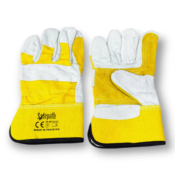 Gloves Working SafePath featuring a durable yellow and gray design, ideal for professional safety and superior grip, made for protection against cuts and punctures in various work environments.