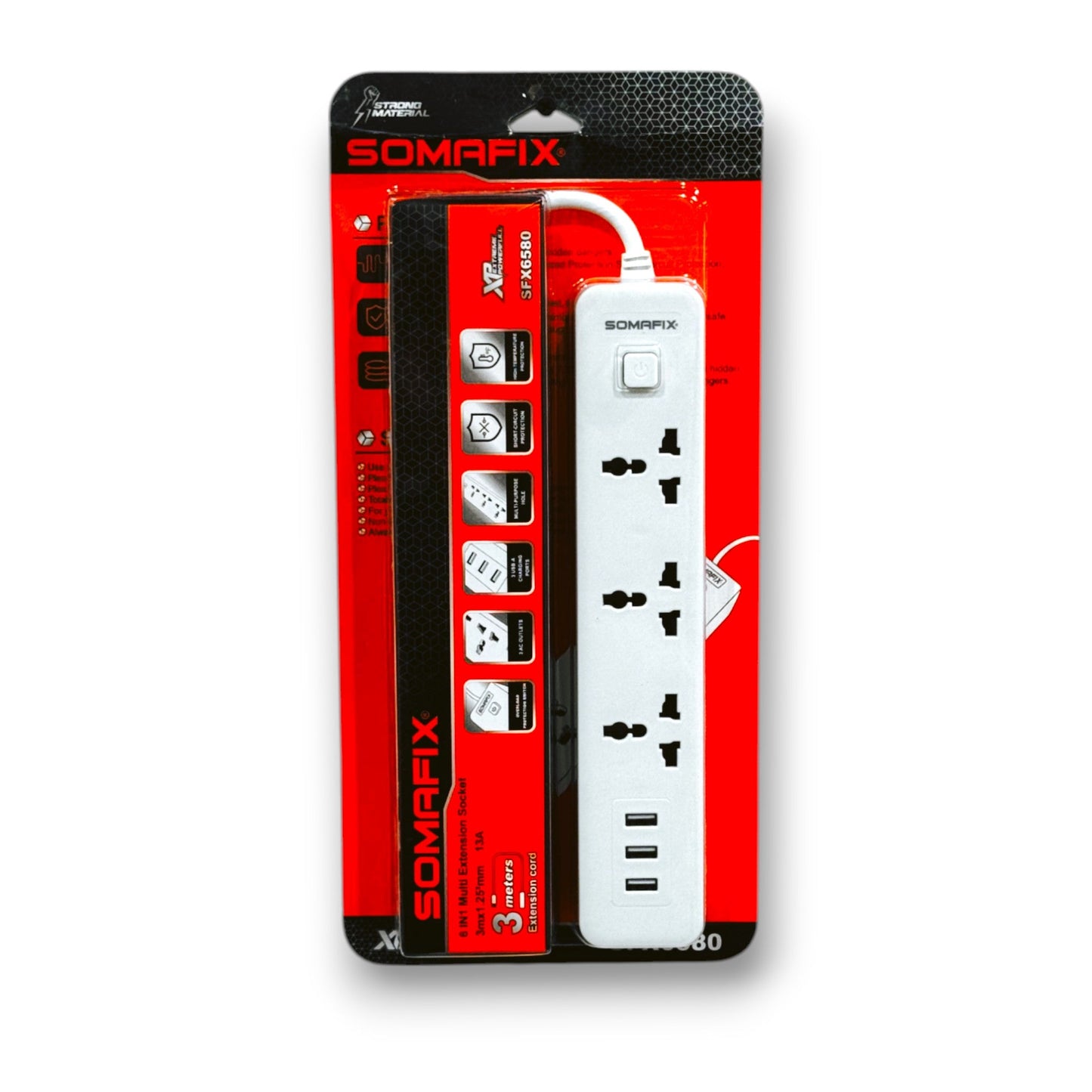 Somafix Extension Wire 3 Socket SFX6580 with USB, showcasing three AC sockets and a USB port, ideal for home and office use.