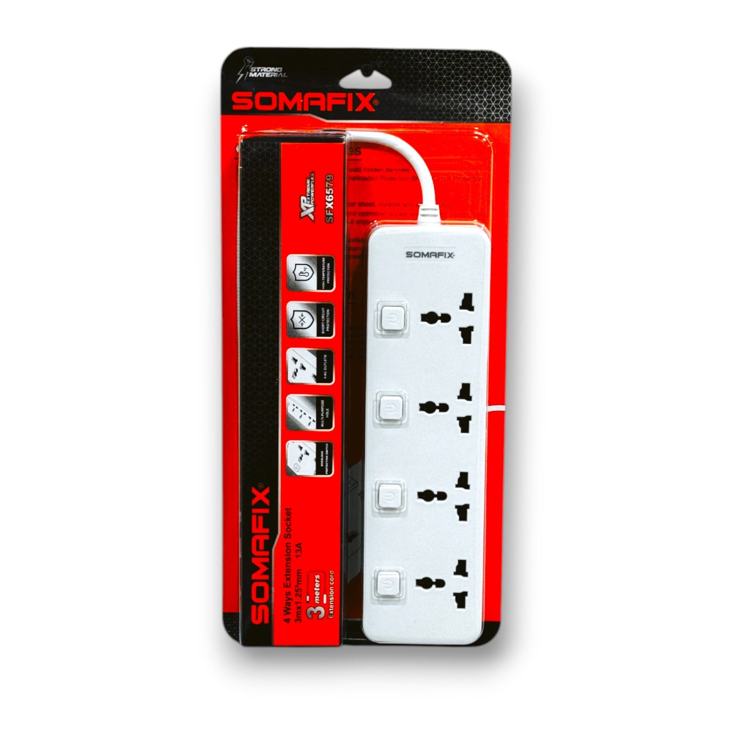Wire Extension 4 Socket SFX6579 SOMAFIX showcased in its packaging, highlighting the four power sockets and the practical design for connecting multiple devices.
