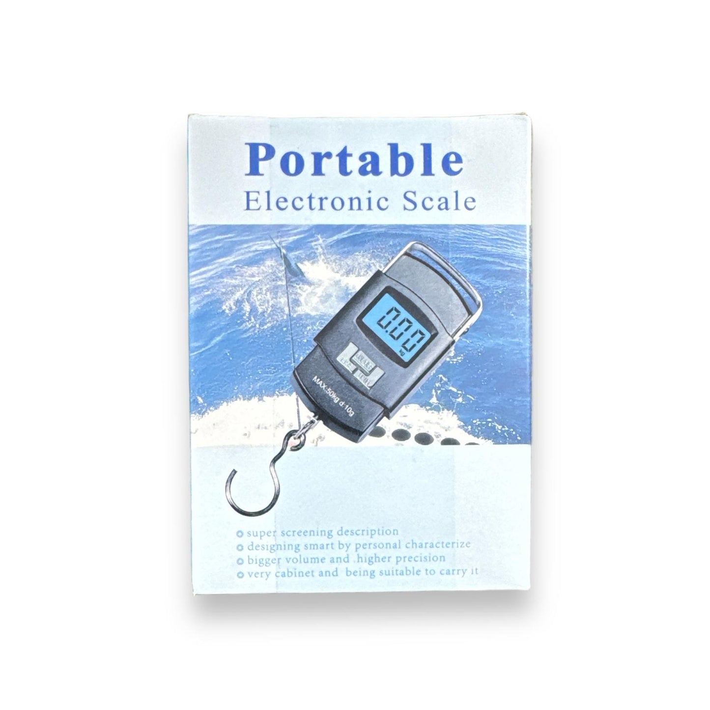 Portable Electronic Scale Cymate packaging featuring a digital display and hook, designed for accurate measurements on the go.