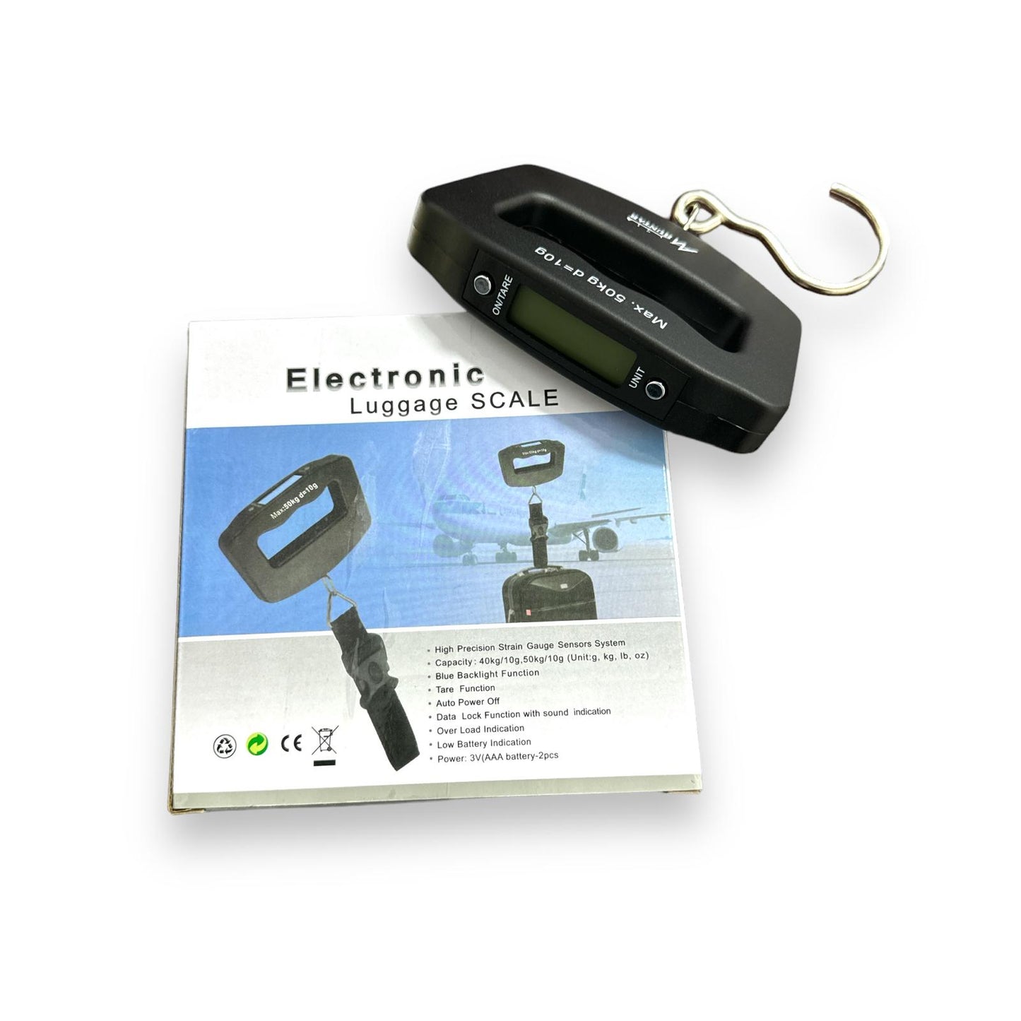Huntar Portable Electronic Scale displayed with its packaging, showcasing its compact design and digital display, ideal for travelers and fitness enthusiasts.