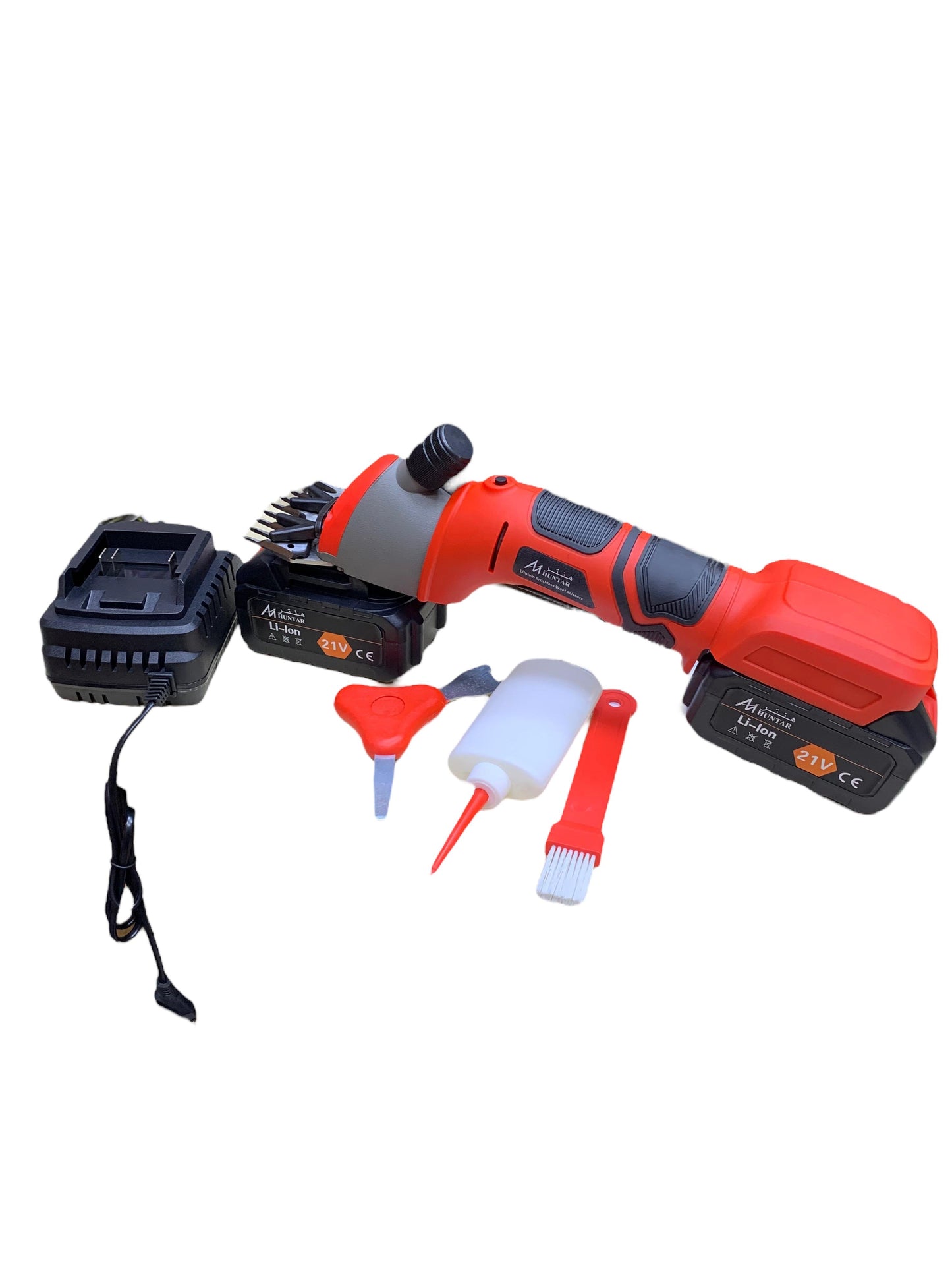 Cordless Wool Shear 21V by Huntar showcasing the shear tool with two 21V batteries, charger, and care accessories, ideal for efficient wool trimming.