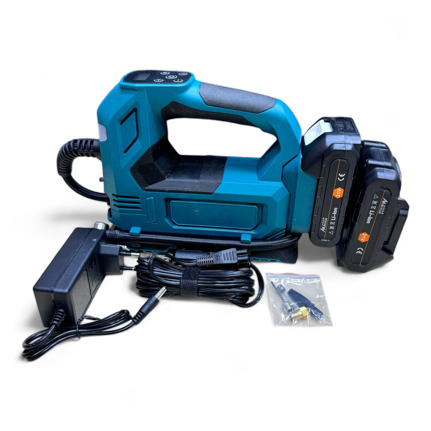 Cordless Air Compressor 21V by Huntar featuring a compact design, two rechargeable batteries, a car adaptor, and essential accessories for versatile and efficient inflation.