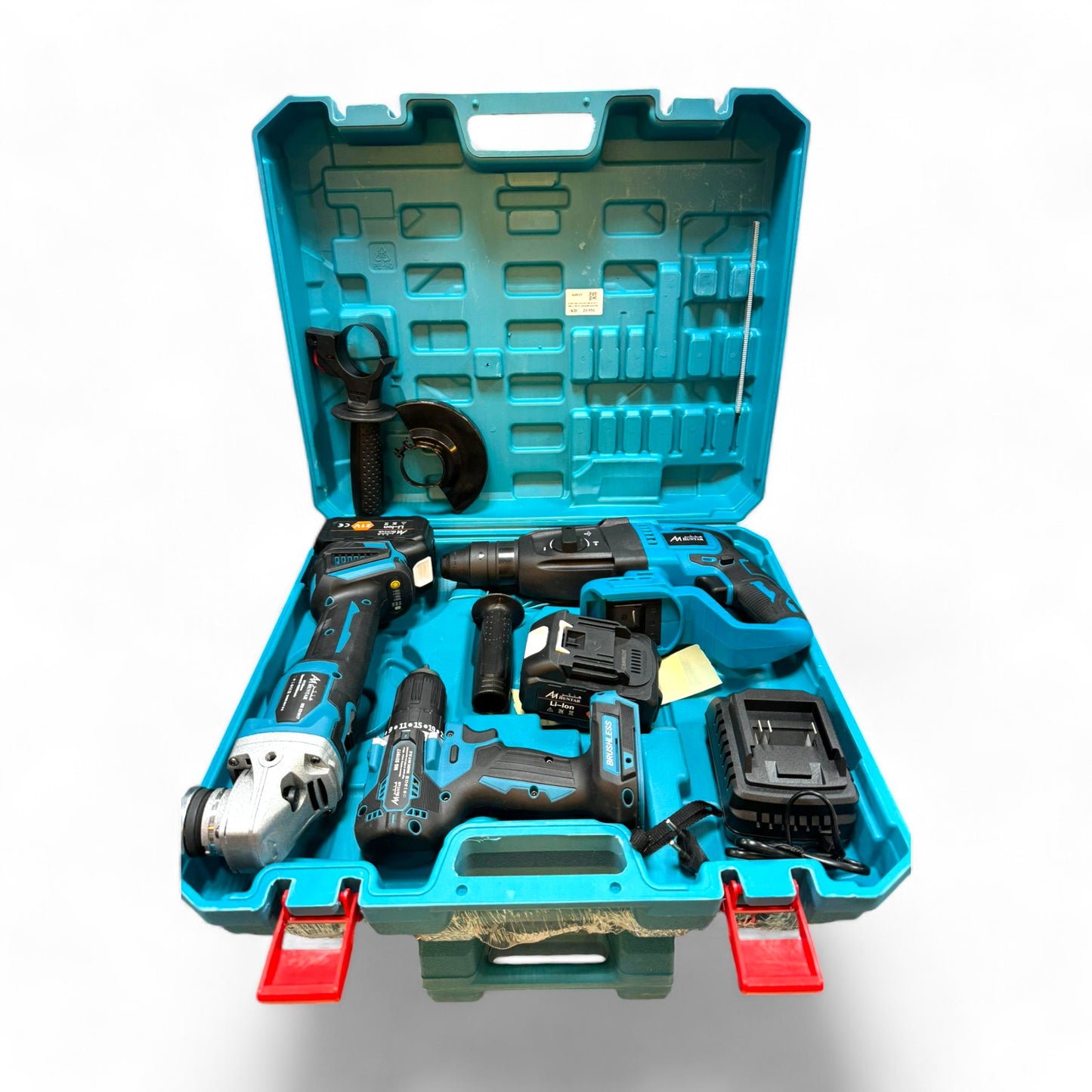 Cordless 3 Pcs Set (Drill+Hilty+Grinder) MS531917 Huntar displayed in a blue carrying case, showcasing the drill, hilty, and grinder tools for versatile DIY projects.