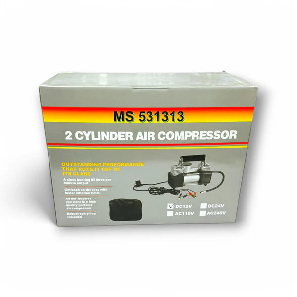 Air Compressor 2 Cylinder MS 531313 packaging showcasing its features and specifications for efficient inflation and pressure needs.