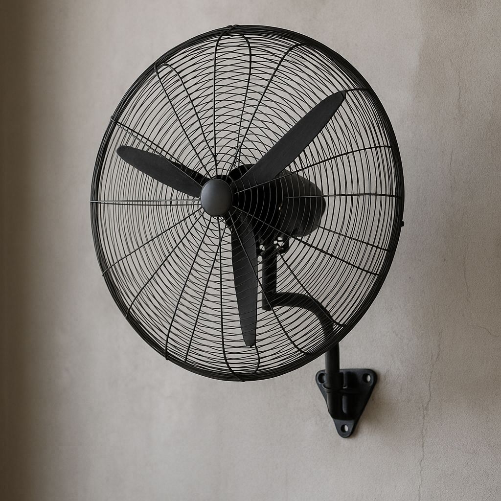 Industrial Wall Fan mounted on a textured wall, featuring stylish black blades and a sturdy design suitable for commercial and industrial use, enhancing air circulation in large spaces.