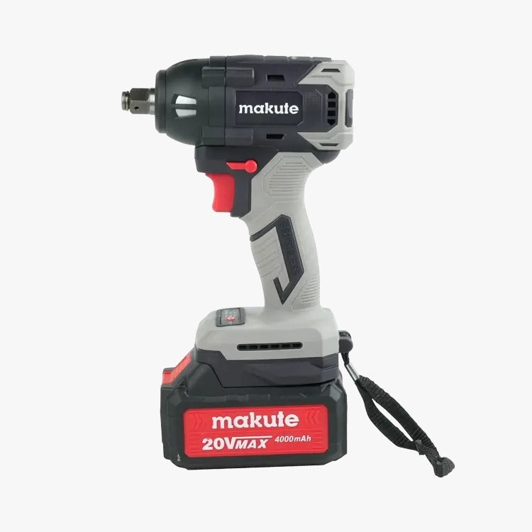 Makute CW003-BL 20V Cordless Wrench, featuring a brushless motor, dual batteries, and a built-in LED work light, ideal for heavy-duty fastening tasks.