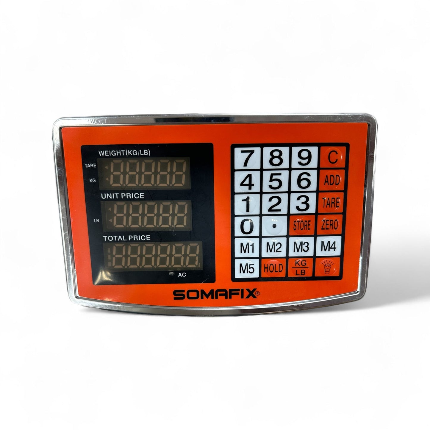 Weighing Scale 300 KG Somafix digital display showing weight measurements, unit price, and total price with a user-friendly interface designed for precise measurement in industrial and commercial settings.