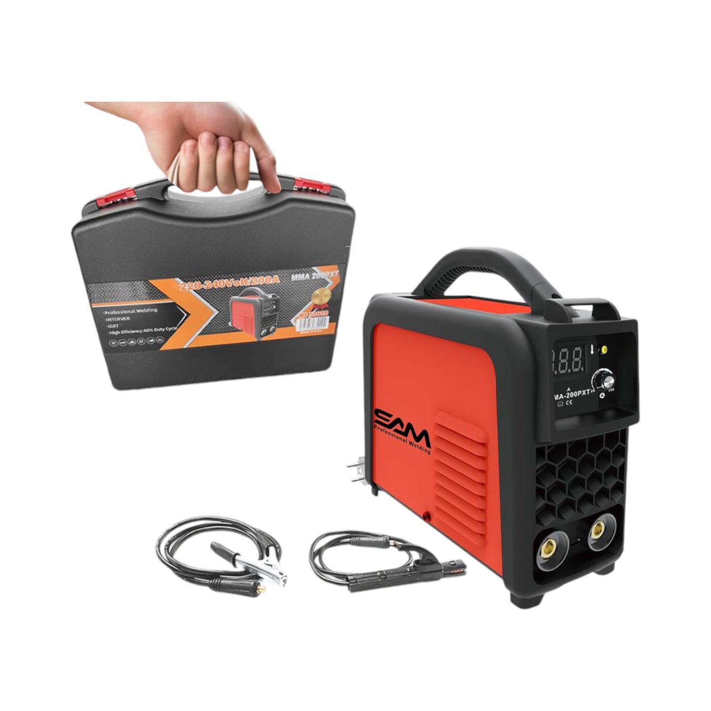 Welding Machine 200A MS53639 SAM with carrying case and welding accessories, showcasing professional-grade features for precise control and consistent performance in welding tasks.