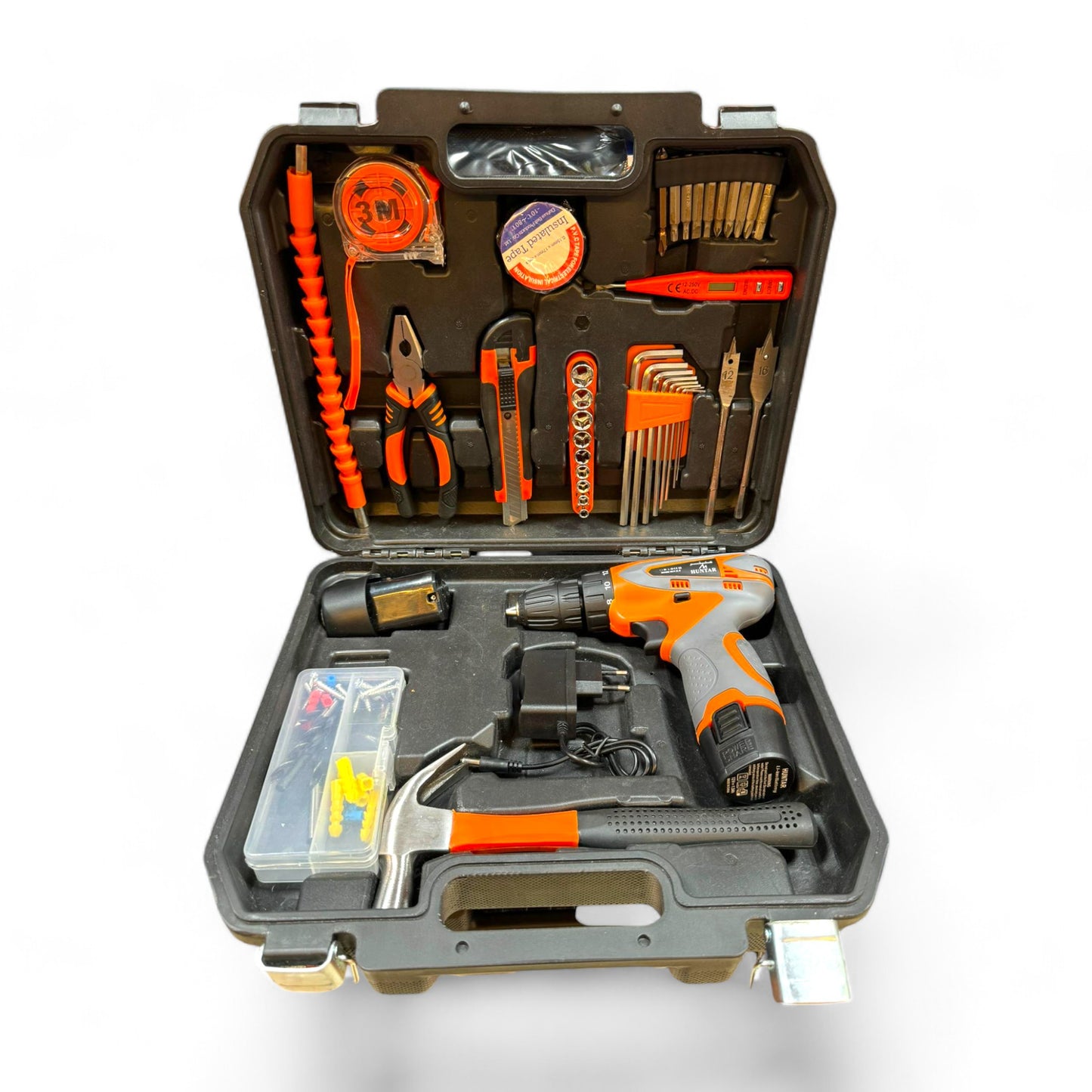 Cordless Drill With Case 53 Pcs Set 12V MS53984 Huntar - A close-up view of the comprehensive drill kit including the cordless drill, drill bits, and essential tools, ideal for home improvement and contractors.