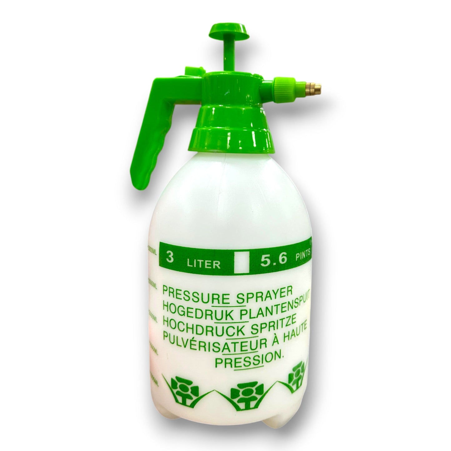 Hand Pressure Sprayer with green handle and markings, perfect for garden care and versatile usage in indoor and outdoor applications.