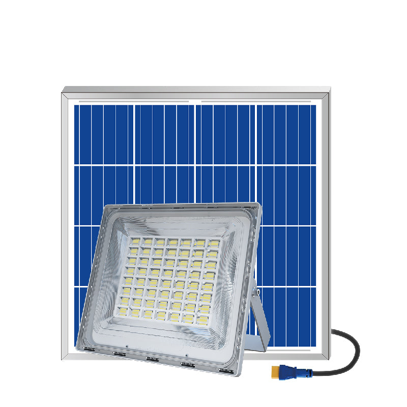 Solar Floodlight Blue Carbon 400W featuring a robust solar panel and energy-efficient LED floodlight, ideal for outdoor illumination without electricity.