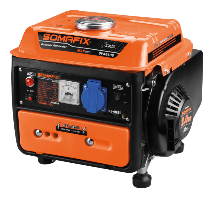 Soma Fix 2.0 Hp 650W Generator, Model BsSFX8636, features a robust orange and black design, showcasing its gasoline generator capabilities for reliable power supply during emergencies, camping, and outdoor activities.