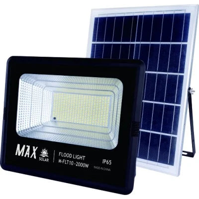 Max Led Solar Floodlight 2000W featuring an energy-efficient solar panel, designed for outdoor illumination and optimal performance in various weather conditions.