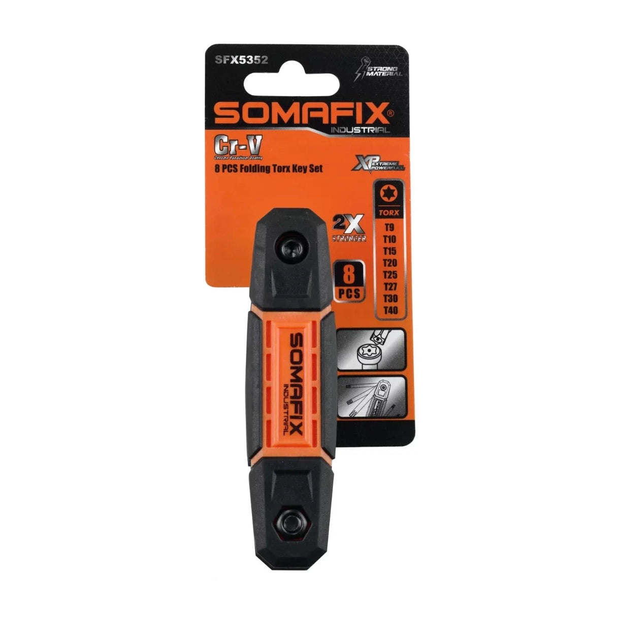 Allen Key Folding Torx 8pcs SFX5352 Somafix, featuring a compact design for easy storage and portability, showcasing an ergonomic handle and various Torx sizes for versatile applications.