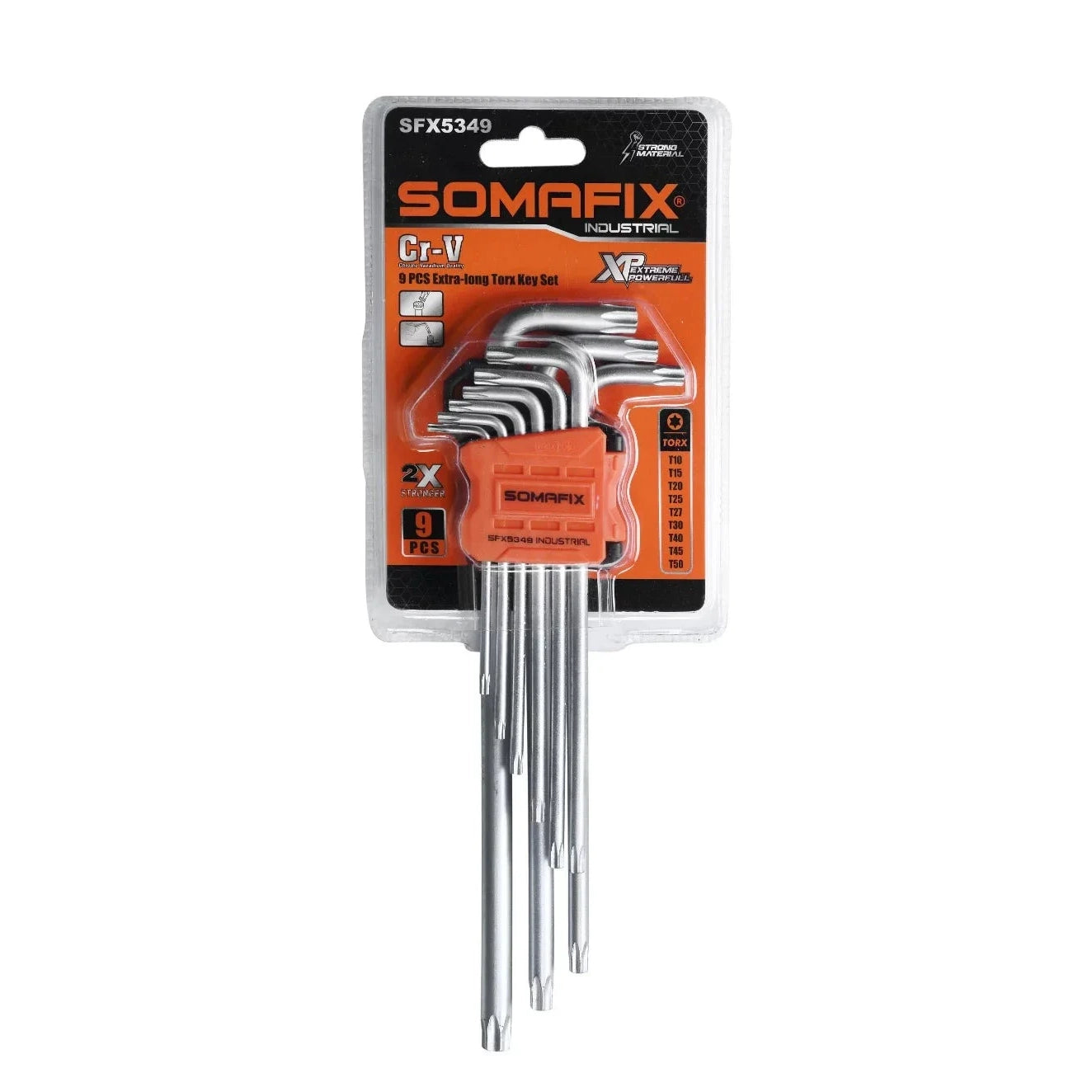 Allen Key 9 Pcs Set Flat SFX5344 Somafix displayed in packaging, showcasing nine distinct sizes made from premium steel, designed for precision and durability in various mechanical and DIY tasks.