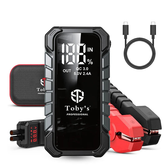Car Battery Jump Starter & 10,000mAh Power Bank X9 featuring a digital display, USB-C cable, and jumper cables for emergency vehicle starting.