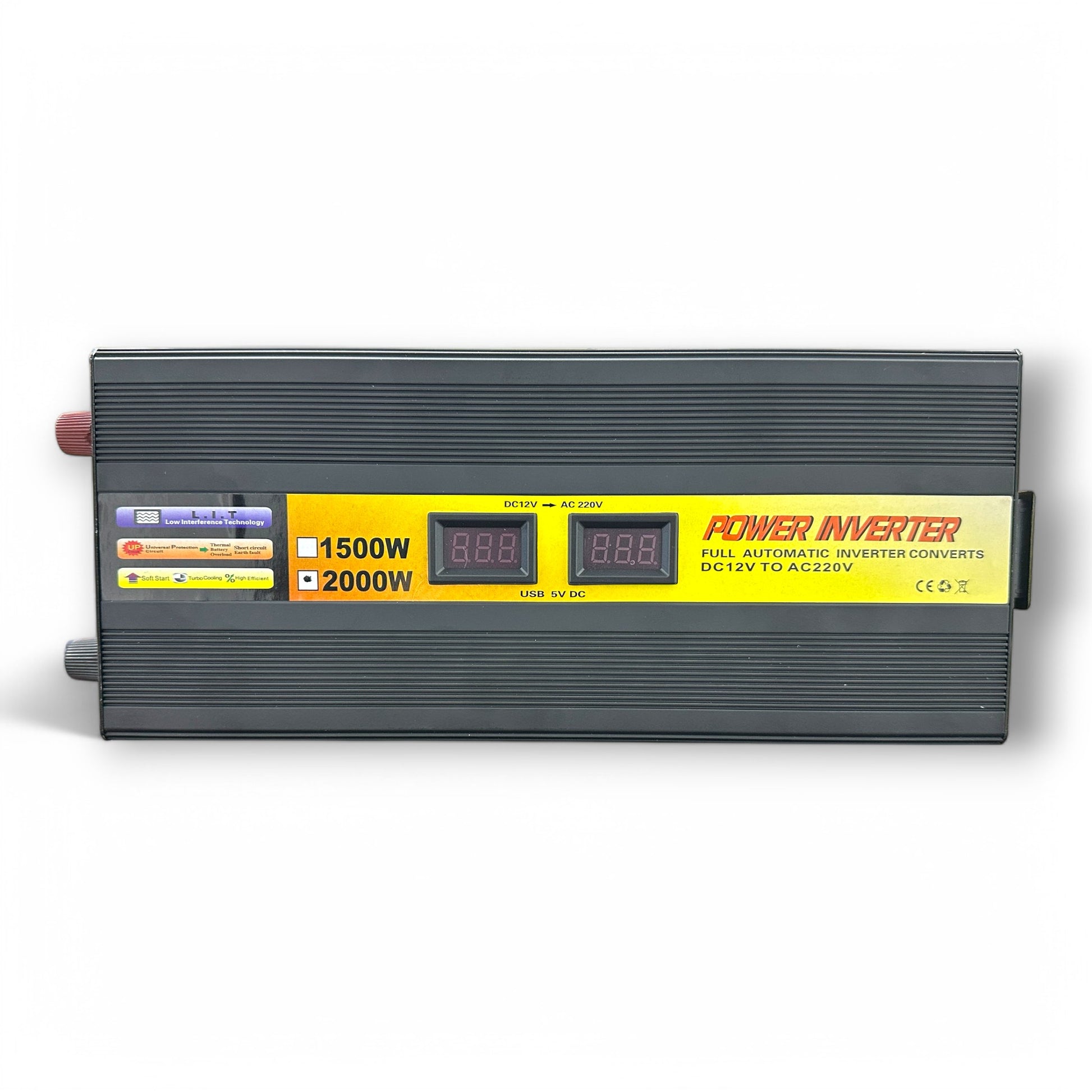 Huntar Solar Power Inverter – a compact device featuring dual display for 1500W and 2000W capacity. Ideal for converting DC 12V to AC 220V electricity, designed for efficient energy transformation.