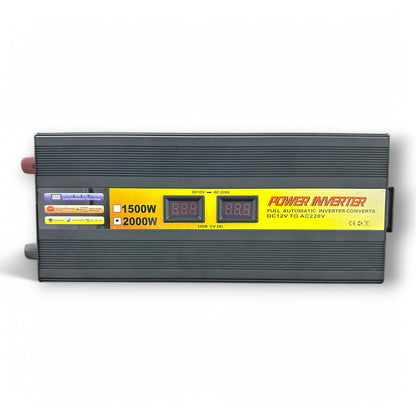 Huntar Solar Power Inverter – a compact device featuring dual display for 1500W and 2000W capacity. Ideal for converting DC 12V to AC 220V electricity, designed for efficient energy transformation.