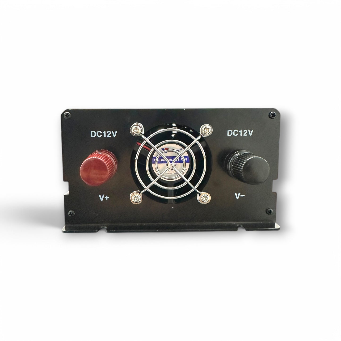 Front view of the Huntar Solar Power Inverter, highlighting the DC 12V connection with cooling fan design to ensure durability and efficiency in power conversion.