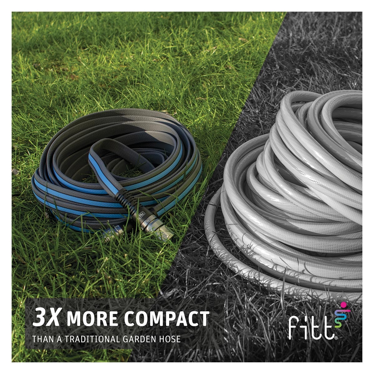 Comparison image showing the FITT Force garden hose made in Italy, presented as three times more compact than a traditional garden hose, highlighting its space-saving benefits for garden enthusiasts.