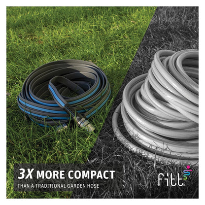 Comparison image showing the FITT Force garden hose made in Italy, presented as three times more compact than a traditional garden hose, highlighting its space-saving benefits for garden enthusiasts.