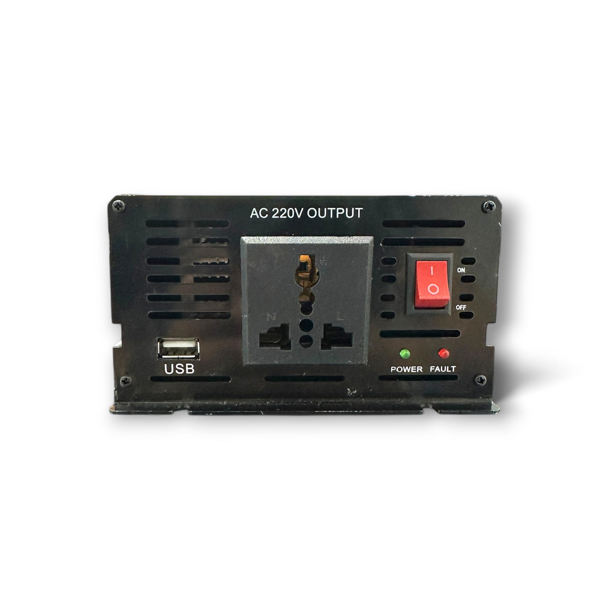 Back view of the Huntar Solar Power Inverter showing AC 220V output, USB port, and power switch, emphasizing its practical design for efficient energy conversion.