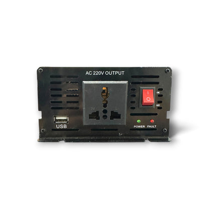 Back view of the Huntar Solar Power Inverter showing AC 220V output, USB port, and power switch, emphasizing its practical design for efficient energy conversion.