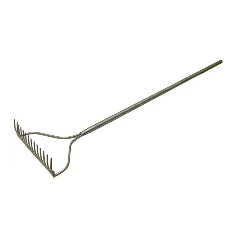 Garden Rake H/D Flat Teeth Steel Handle, featuring durable flat teeth for efficient soil tilling and a heavy-duty steel handle for enhanced longevity and ergonomic use in gardening.
