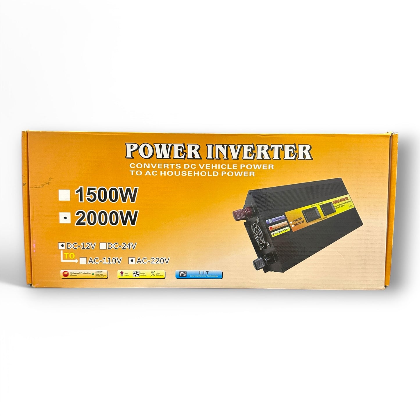 Huntar Solar Power Inverter packaging featuring high-efficiency model specifications of 1500W and 2000W, designed to convert DC vehicle power to AC household power.