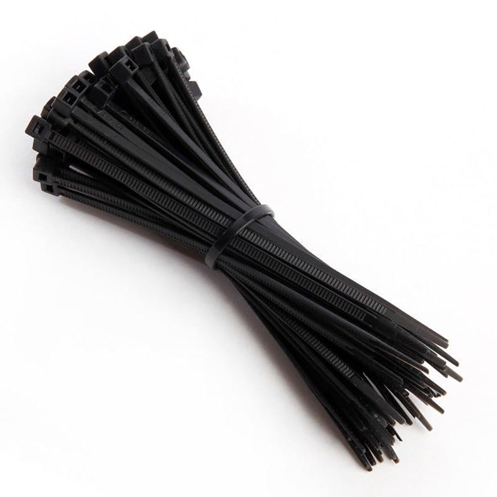 A bundle of black Cable Ties neatly packaged for cable management, perfect for organizing electronics and decluttering spaces.
