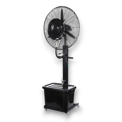 Industrial Mist Stand Fan – High-Performance Cooling for Large Spaces, featuring a robust design with a large blade and integrated misting system for optimal air circulation and cooling.
