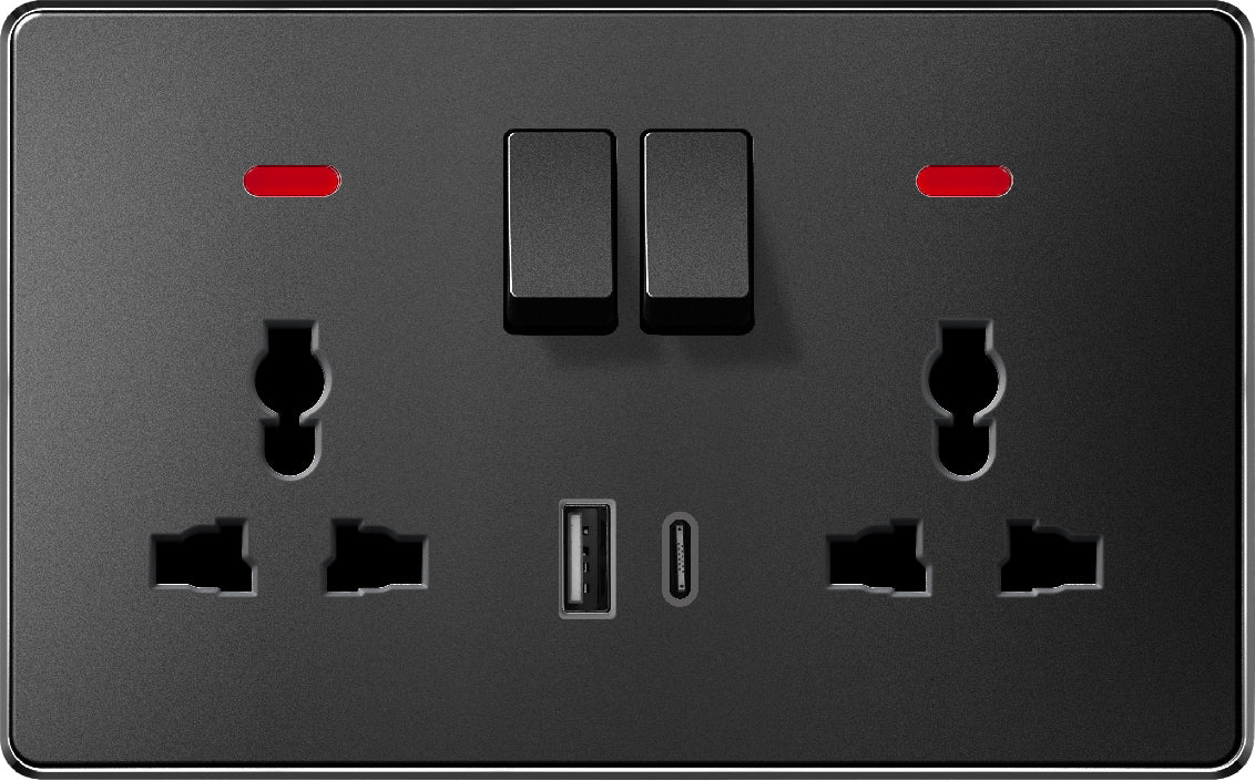 V7 Black Switch and Socket Series – Wall Switch and Socket Panel Range with Neon