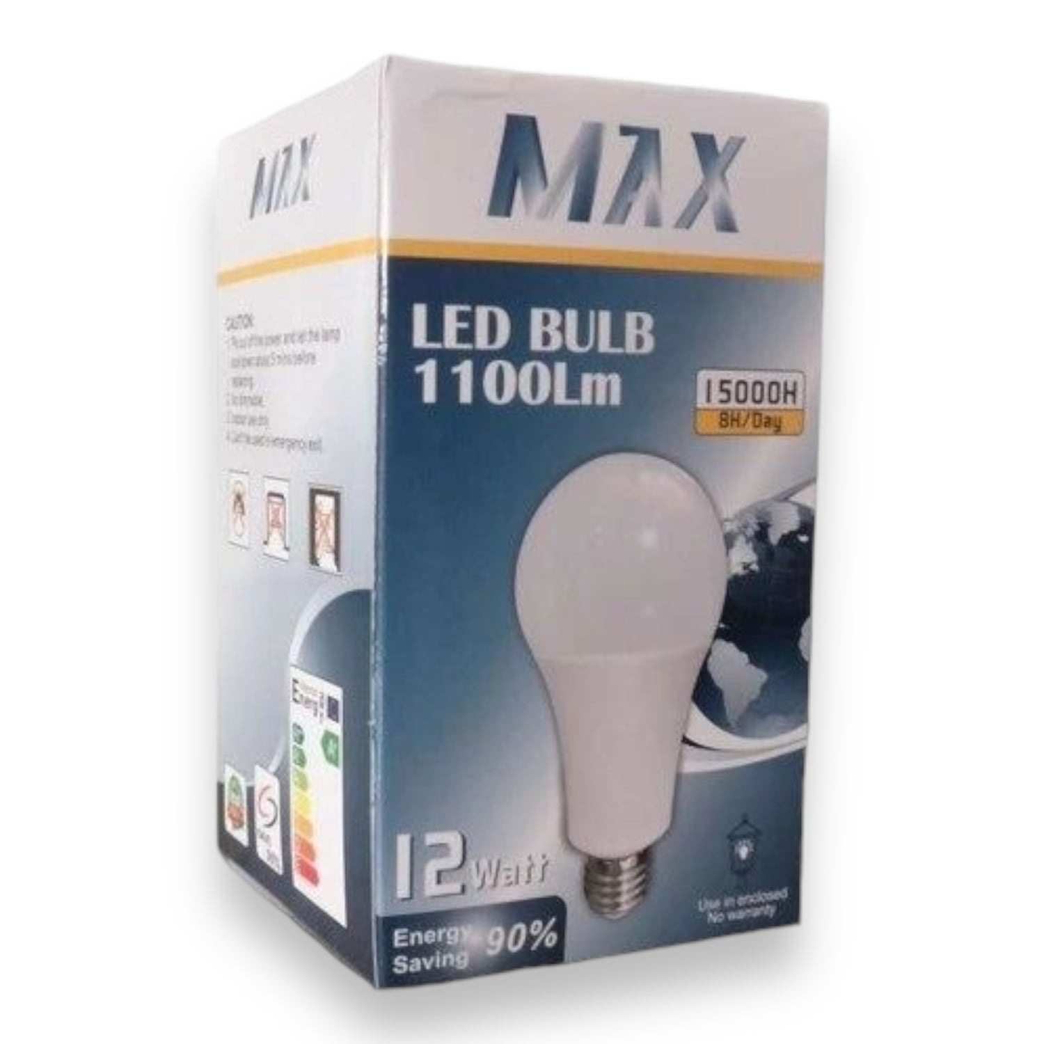 Lamp LED Bulb 12W MAX packaging showcasing features such as 1100 Lumens, energy-saving 90%, and 15000 hours lifespan.